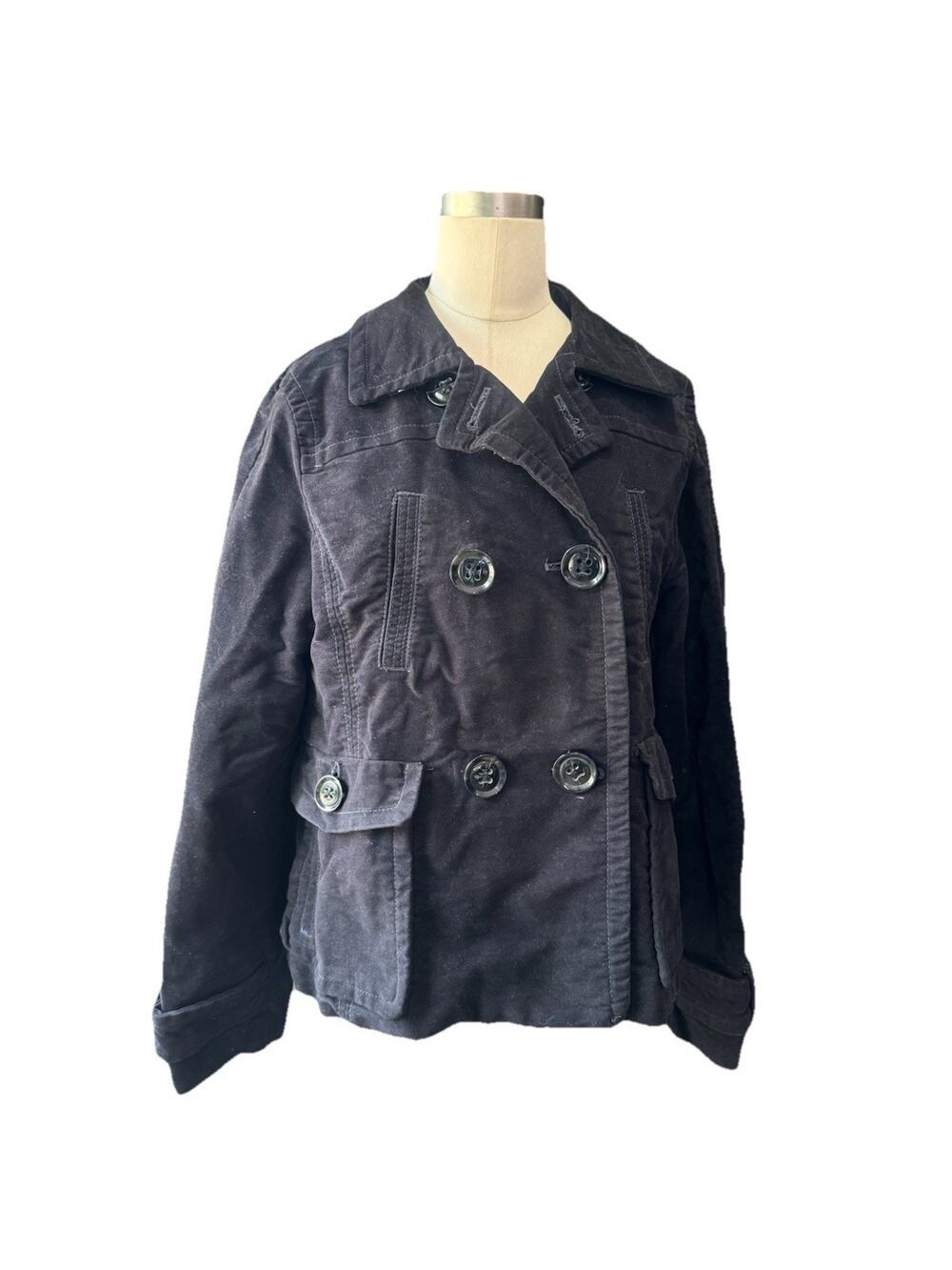 American Eagle Y2K Peacoat Jacket Women's L Black Double Breasted Cotton Velvet